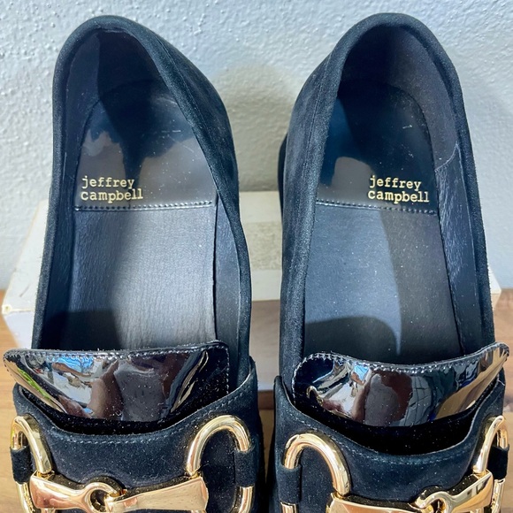 Jeffrey Campbell Suede Block Heel Loafers Gold Horsebit Hardware Size 9 Timeless - Picture 5 of 10